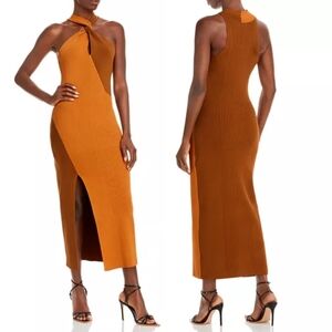 🔥NICHOLAS Aegle Knit Twisted Two-Tone Ribbed Halter Neck Midi Dress